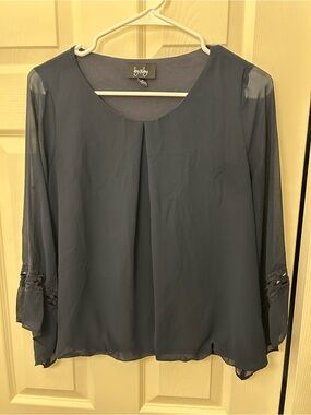 by & by Navy Blue Chiffon Pleated Blouse with Sleeve Detail - Size M